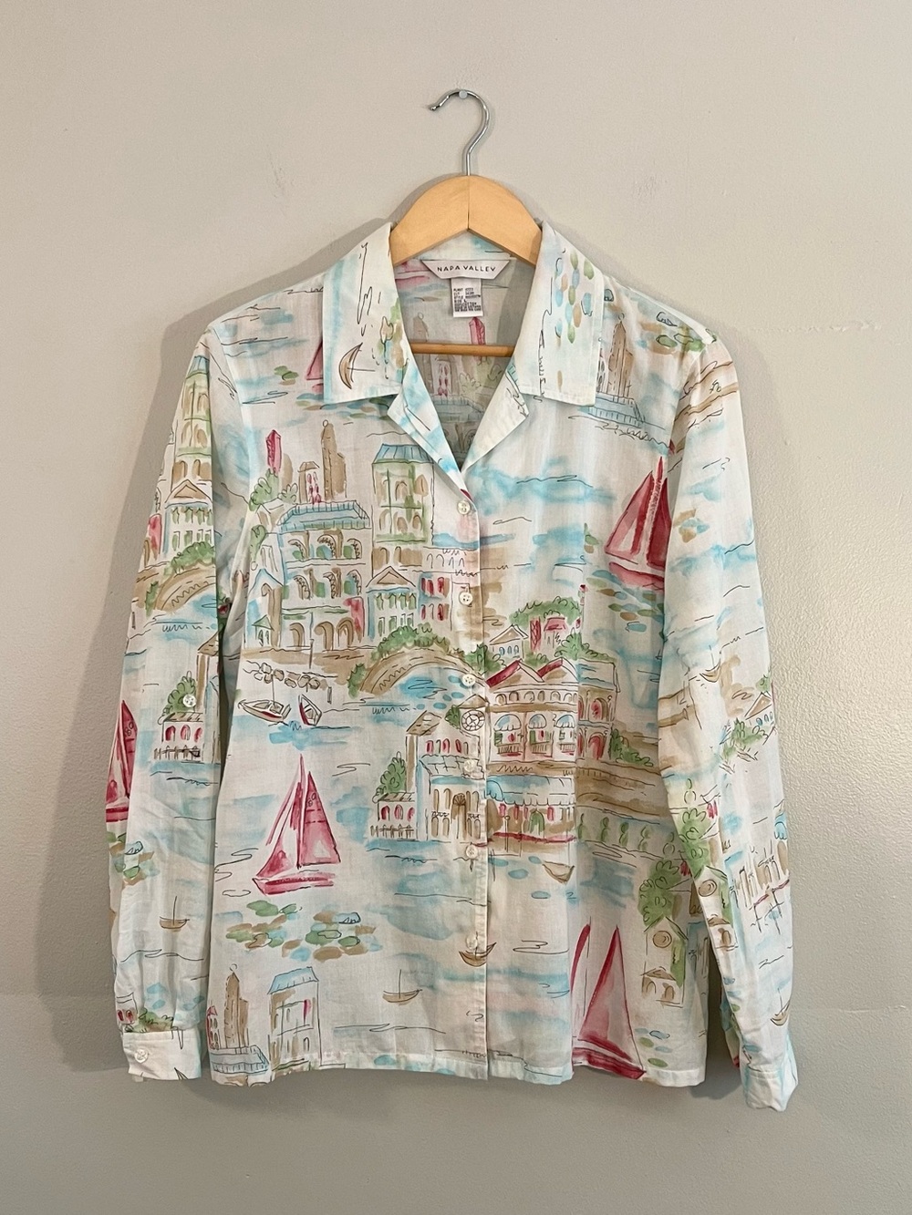 Y2K Napa Valley multicolored folk village scene button up shirt 2000’s boho art